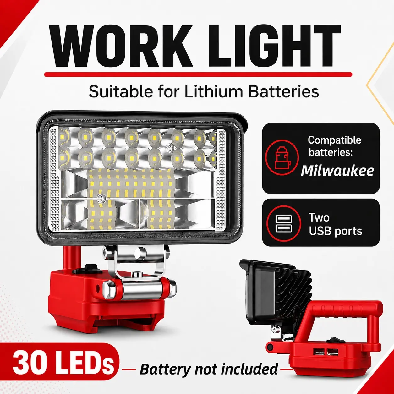 Wireless LED Work Light for Milwaukee 18v Battery, 14w Wide Beam, Dual USB Ports, Ideal for Emergency, Workshop, Garage, No Battery Included