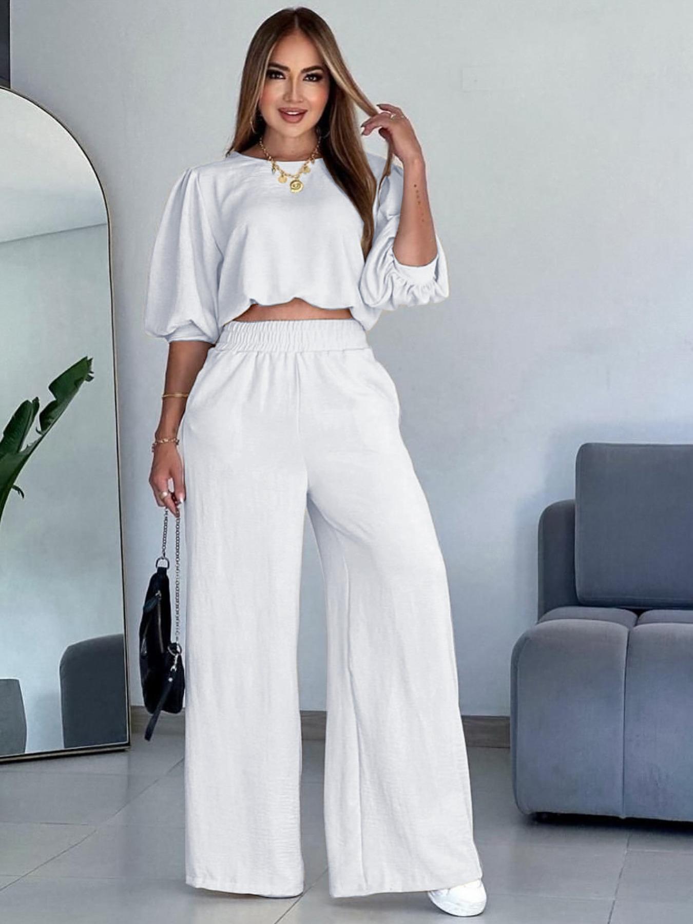 French Style Loungewear Set, Loose-Fit Short Top & High-Waist Flowy Pants, Fashionable Casual Office Two-Piece Outfit