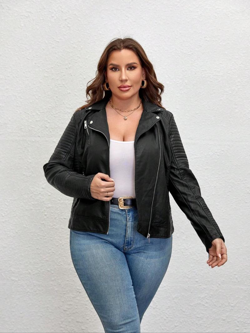 Women's Plus Size Plain PU Jacket with Zipper, Casual Fitted Outerwear for Spring & Fall