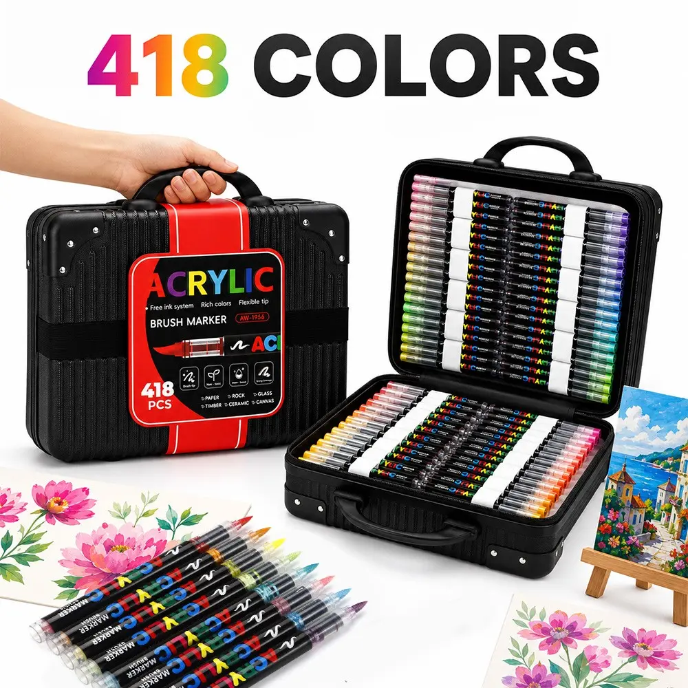 418pcs Liquid Core Soft Tip Acrylic Markers, Convenient Storage in Suitcase, Fast-Drying Water-Based Pens, Essential for Back-To-School, Office & School Supplies