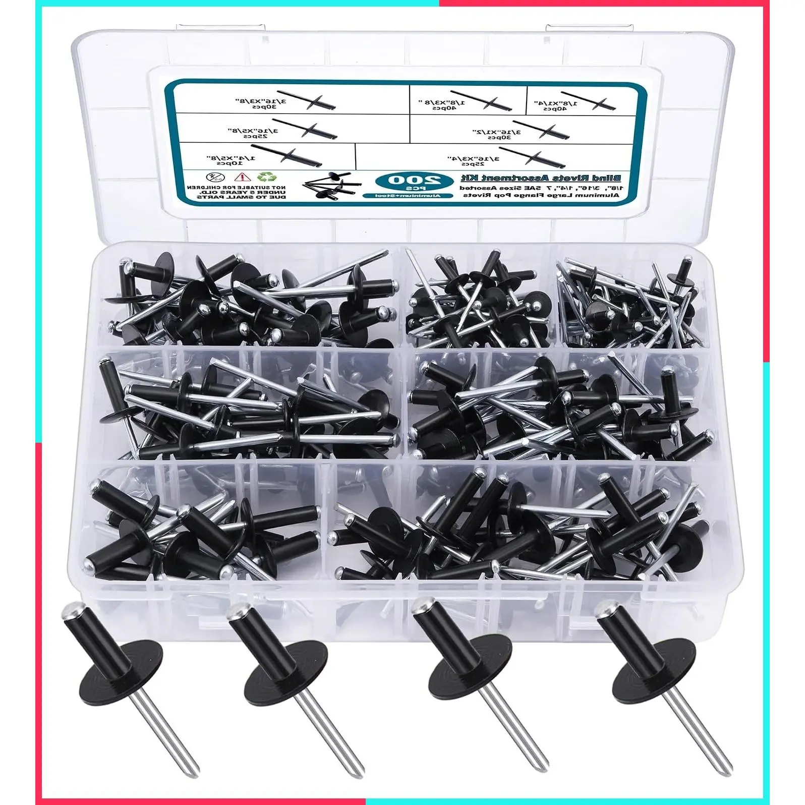 200PCS Black Aluminum Pop Rivets Assortment Kit, Large Flange Blind Rivets (1/8" 3/16" 1/4") with Case