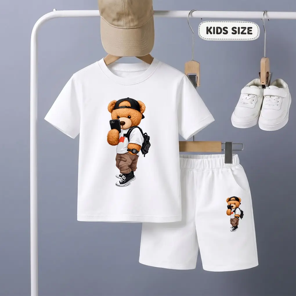 Boys’ Street Bear Printed Design Short Sleeve T-Shirt And Shorts Set, Casual Kids Summer Outfit, Comfortable Crew Neck Clothing Set For Daily Wear And Outdoor Play