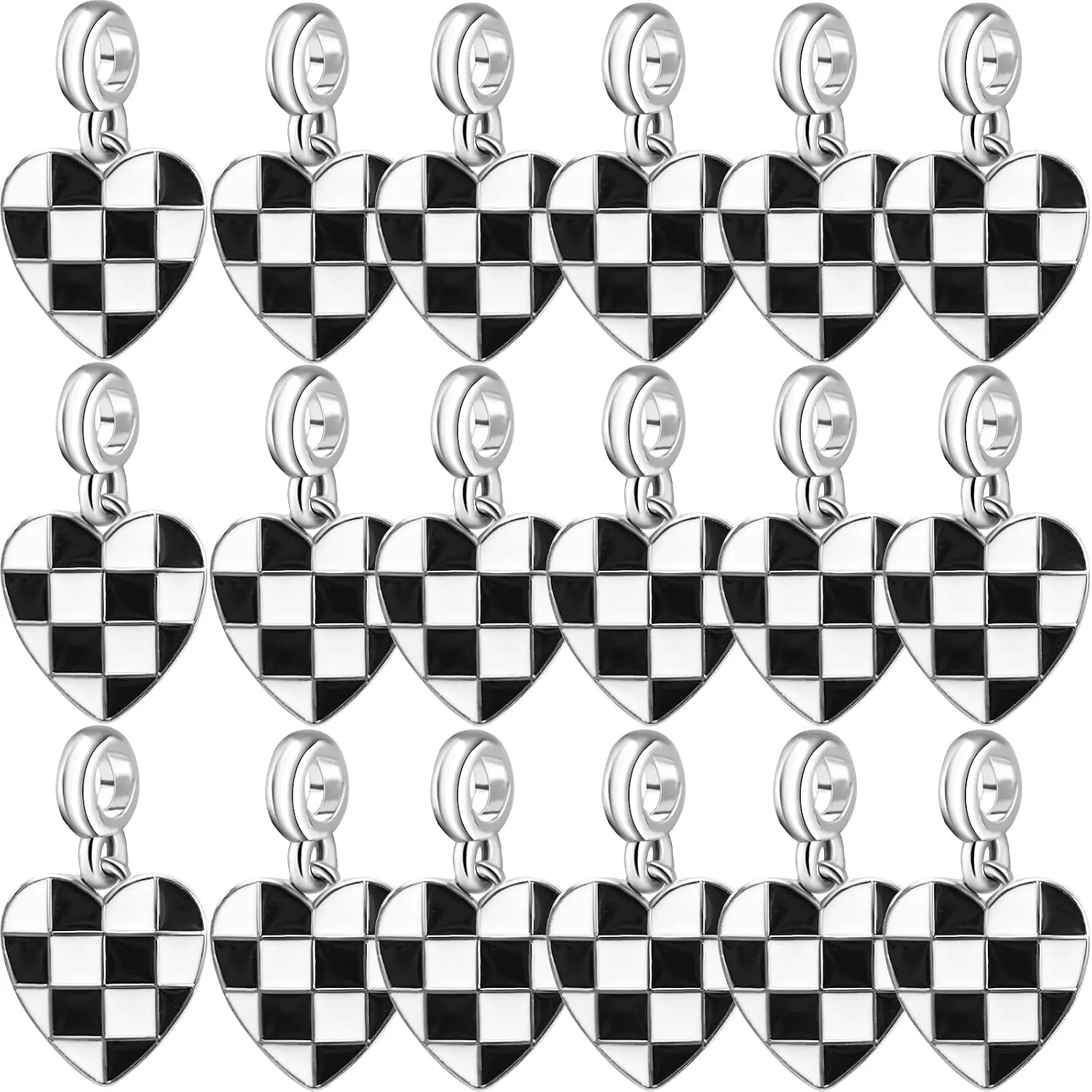 20 count Black White Checkered Heart Dangle Charms Alloy Enamel  Checkerboard Racing Flag Love Hearts Dangling Drop Pendants for DIY European Bracelet Necklace Wedding Party