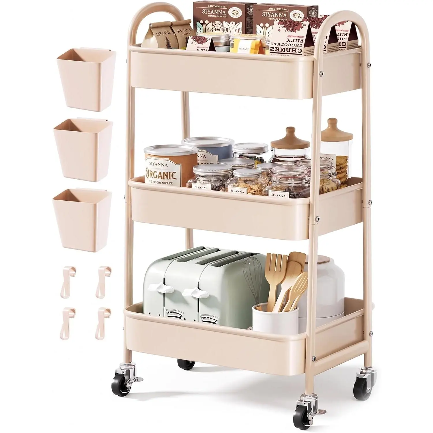 Beige 3 Tier Rolling Cart Metal on Wheels, Three Tiered Storage Organizer Utility Trolley with Wheels for Art, Craft, Baby Diaper Caddy, Snack, Book, Nail, Lash, Cleaning Supplies, Kitchen, Bathroom