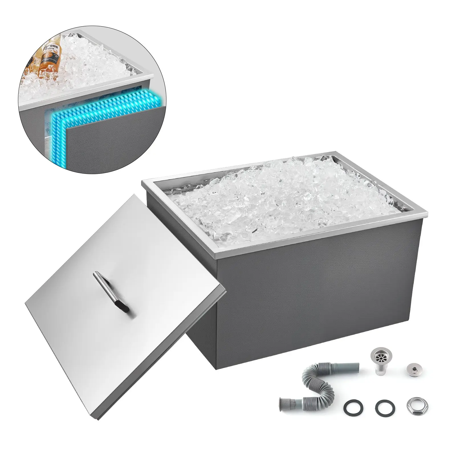 【DealsForYouDays】VEVOR Drop in Ice Chest, 22"Lx 17"Wx 12"H Stainless Steel Drop in Cooler, 45.3 Quart Commercial Ice Bin with Pot Lid for Outdoor Kitchen Patio Bar, Drain-pipe Set Included, for Cold Wine Beer