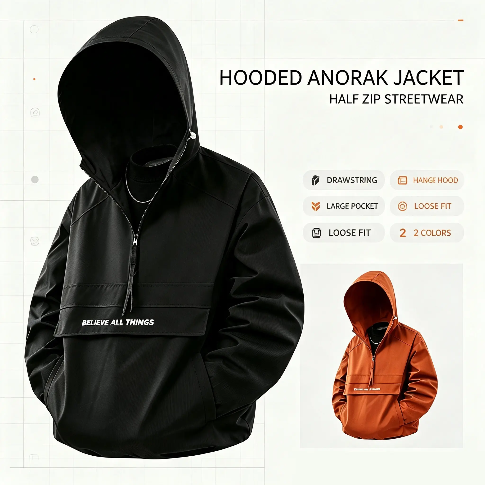 Oversized Drawstring Hood Wind Jacket Men Fashion Letter Pocket Outdoor Daily Windbreaker