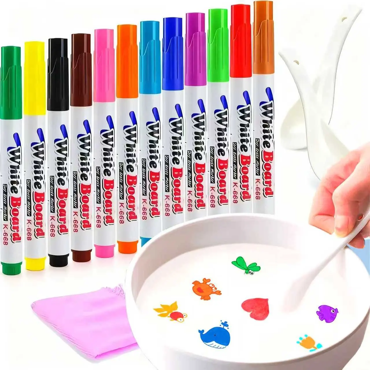 8/12 Colorful Drawing Pens + Floating Spoon, Creative Watercolor Float Pen, Waterproof Marker, Digital Brush, Magic Ink Pen, Art Drawing Supplies