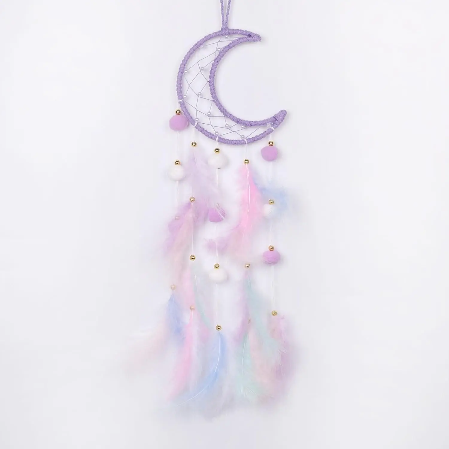 25.6in Crochet Purple Moon Handmade Kids Dream Catcher, Lightweight Hangable Pompom Feather Wall Decoration Ornaments, Nursery Bedroom Decor, Ideal Kids Birthday Gift