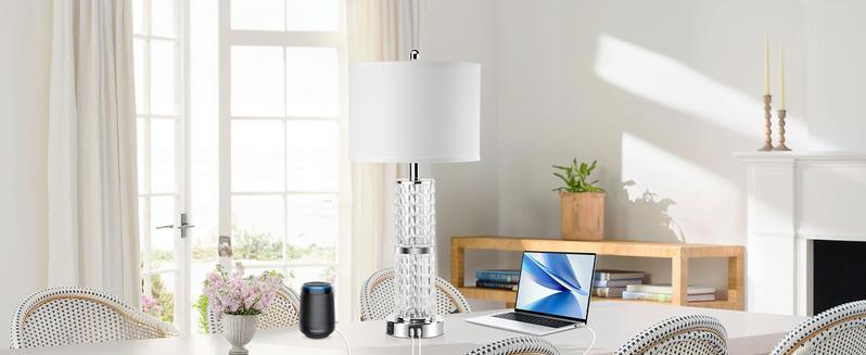 3-Way Touch Control Crystal Table Lamps Set of 2, Silver Modern Bedside Lamp with 2 USB Ports & AC Outlets for Living Room, 26' Tall Desk Lamps with White Drum Shade for Bedroom, 2 Free Bulbs Included