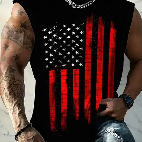 PLUS SIZE MEN'S AMERICAN FLAG SLEEVELESS TANK TOP, SUMMER PATRIOTIC GYM WORKOUT MUSCLE TEE, BREATHABLE CASUAL STREETWEAR 4TH OF JULY SHIRT, Casual Gym Shirts