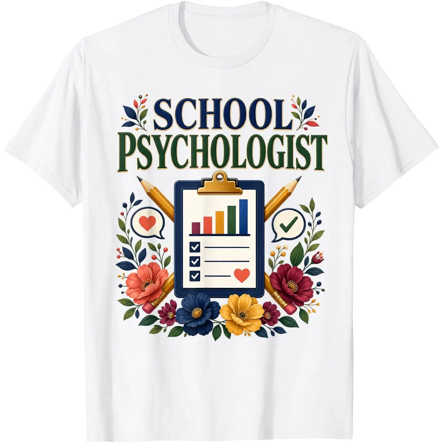 Women's Cotton Short-Sleeve Breathable Casual Fabric School Psychologist Floral Student Support Appreciation T-Shirt