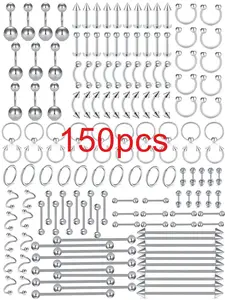 150pcs/set Simple Stainless Steel Body Piercing Jewelry, Nose Lip Tongue Ring, Spiral Earring For Women & Men