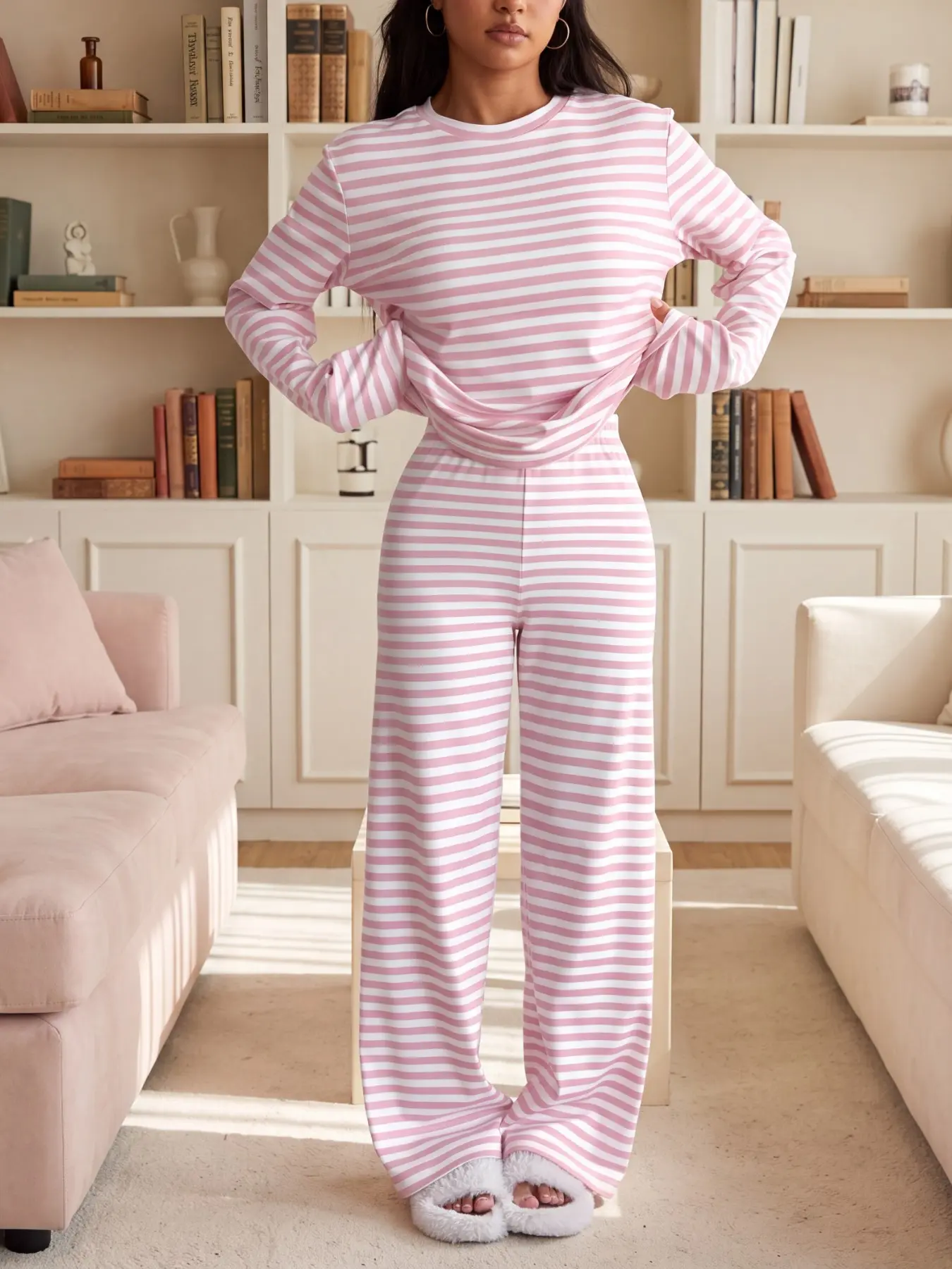 Pink Striped Long Sleeve Lounge Set Women Crew Neck Loose Fit Pajama Top Wide Leg Pants Soft Cozy Two Piece Sleepwear Casual Homewear Comfy Loungewear Matching Set Cute Relaxed Outfit Matching Pj Set