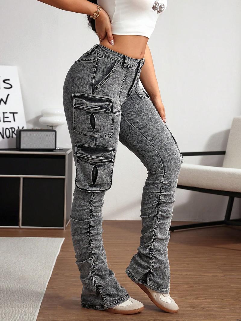 jeans style street folding pockets flap women's ICON SHEIN