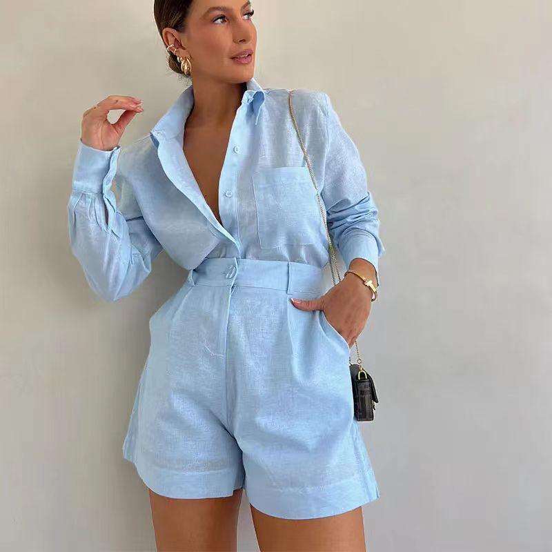 Women's Suit Set Commuting Style Old Money Fashion Casual Short Trousers Long Sleeve Shirt Set
