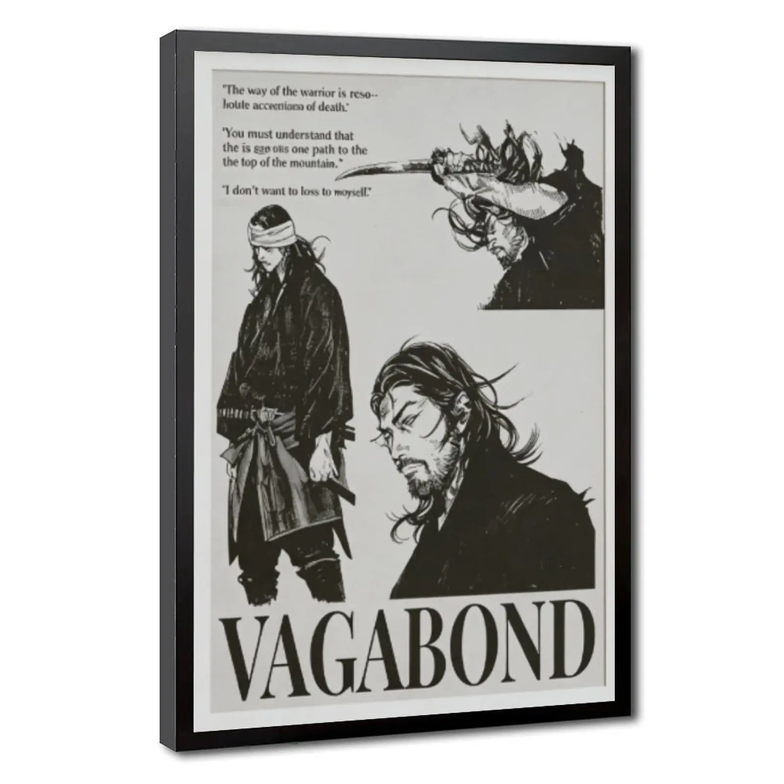 Vagabond Miyamoto Musashi Black White Manga Framed Poster - Samurai Warrior Inspirational Quote Artwork, Japanese Bushido Vintage Grunge Photo, Minimalist Hanging Decoration, Ideal Gift for Samurai Anime Fans