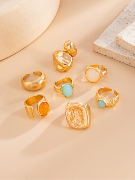 7 Pieces Vintage Fashion Geometric Gemstone Inlaid Ring Set, Women's Bold Metal Rings, Geometric Design Ring, Perfect for Daily Wear and Party Jewelry Gifts