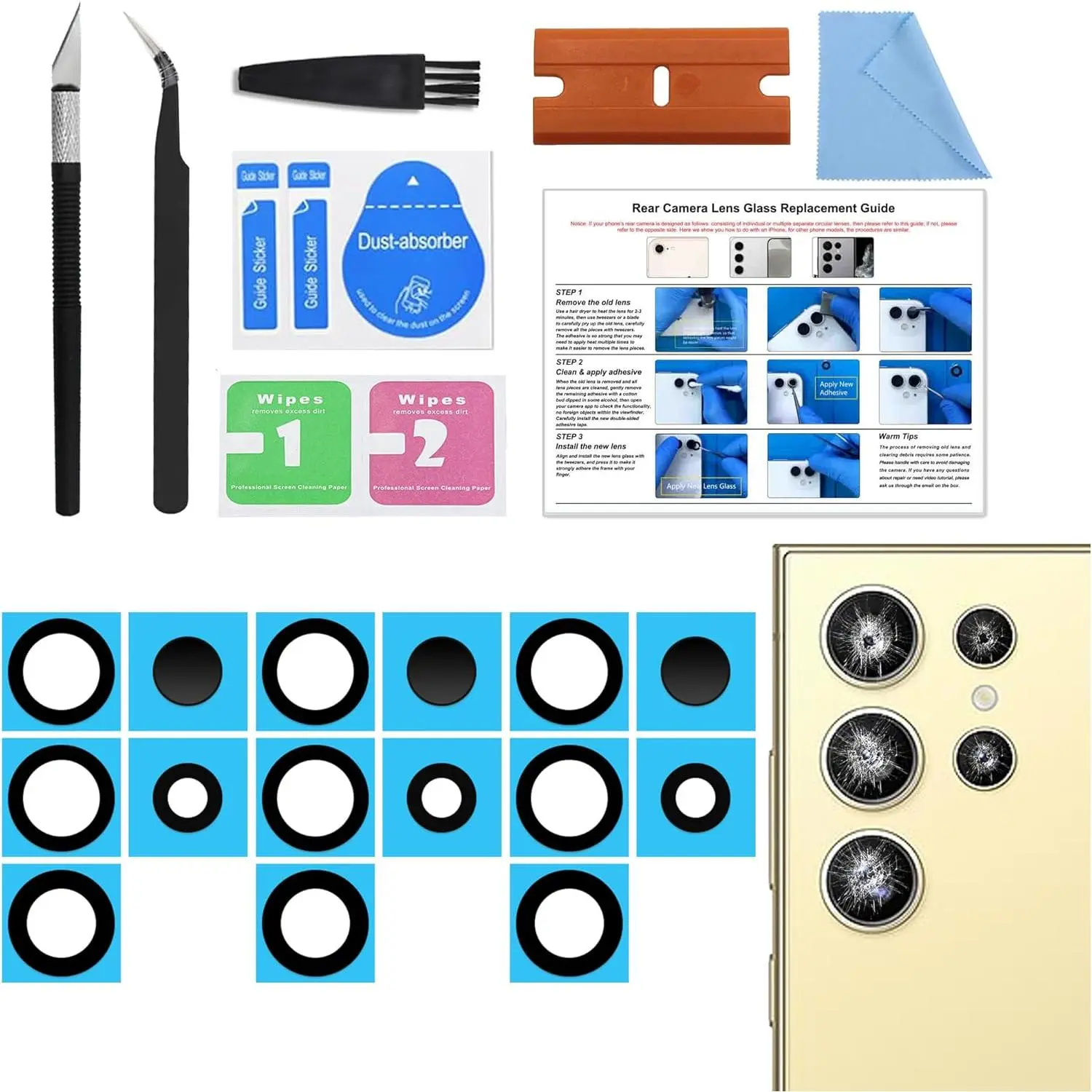 3-Pack Mobile Phone Back Rear Camera Glass Lens Replacement for Samsung S24 Ultra, Includes Instruction Manual, Toolkit, For S24 Ultra