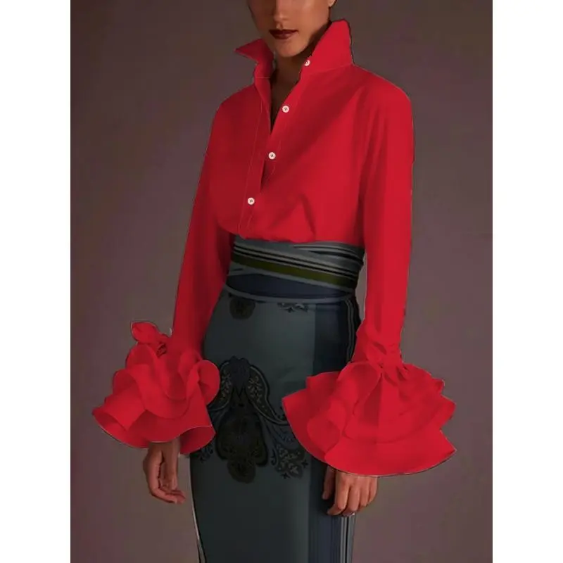 Single Button Solid Layered Flare Sleeve Blouse for Spring & Fall, Elegant Women's Clothing Collar Fabric Top Shirts Chic Polyester White Womenswear