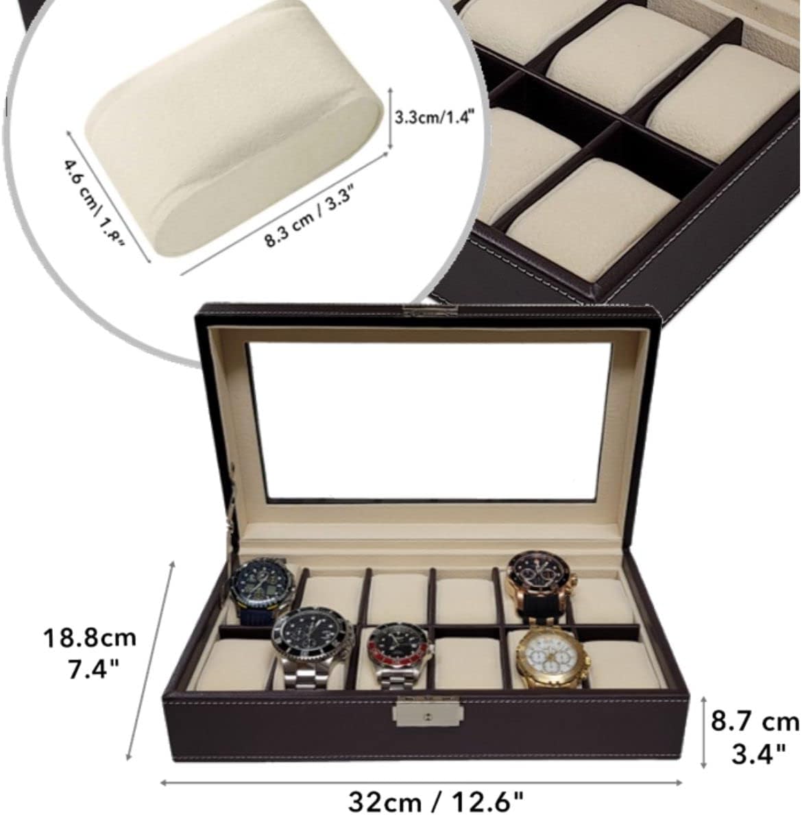 Chocolate Brown Leatherette Men's Watch Box Display Case Collection Jewelry Box Storage Glass Top Father's Day