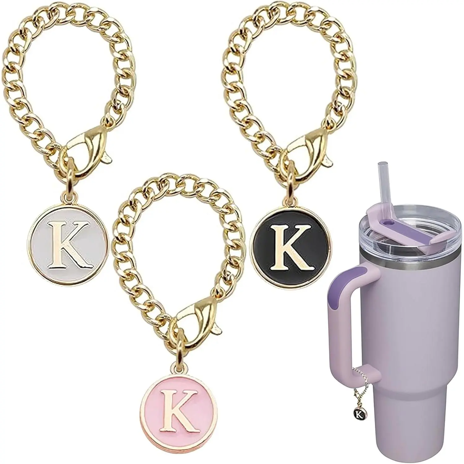 Letter Charm Accessories for Stanley Cup, 3 Count Initial Chain Water Bottle Handle Name Id Charm for Tumbler Cups