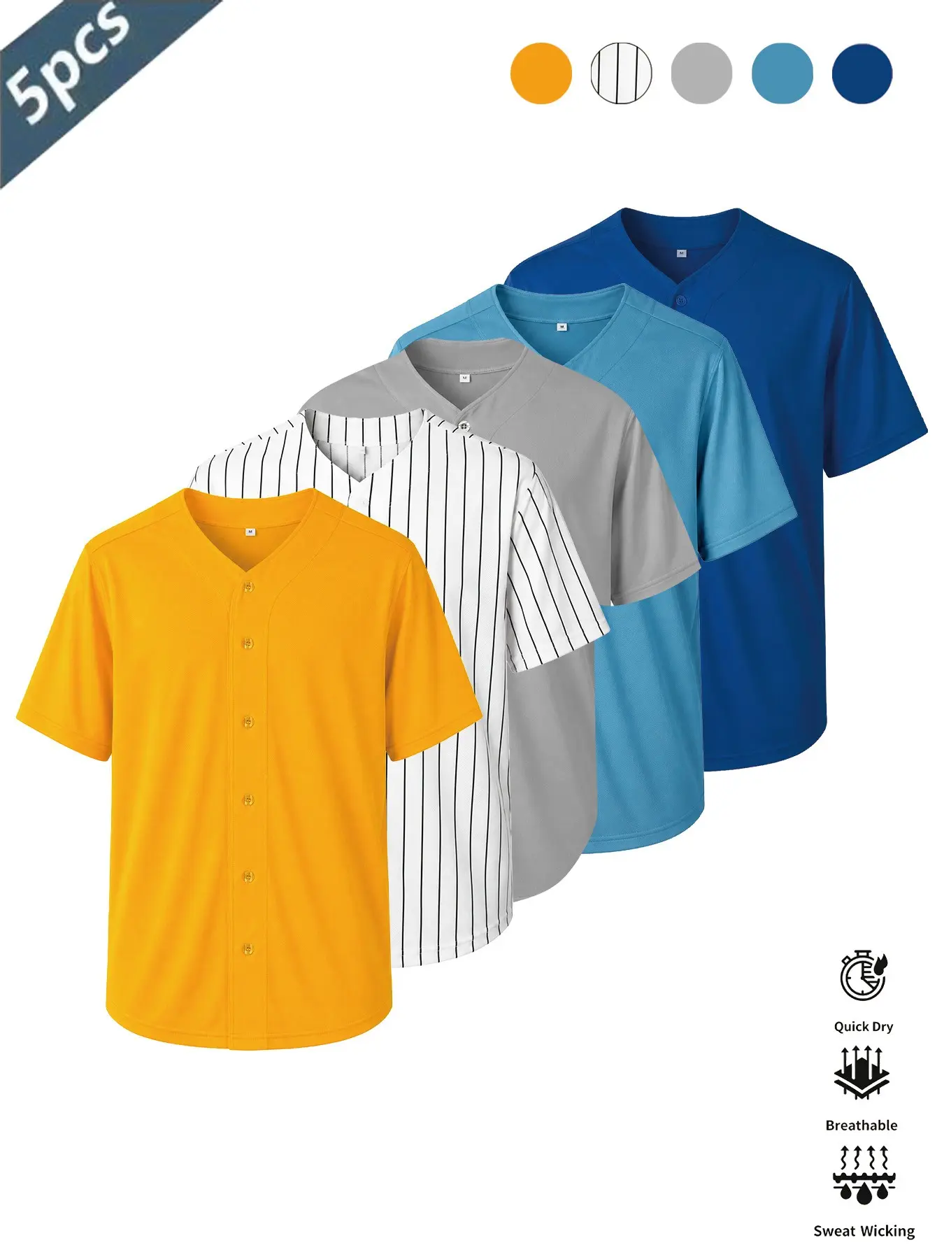 5 Pieces Blank Button Down Baseball Jerseys, Short Sleeve Solid Color Sport Shirts, weat Wicking Casual Tops for Men Youth Team Training Party