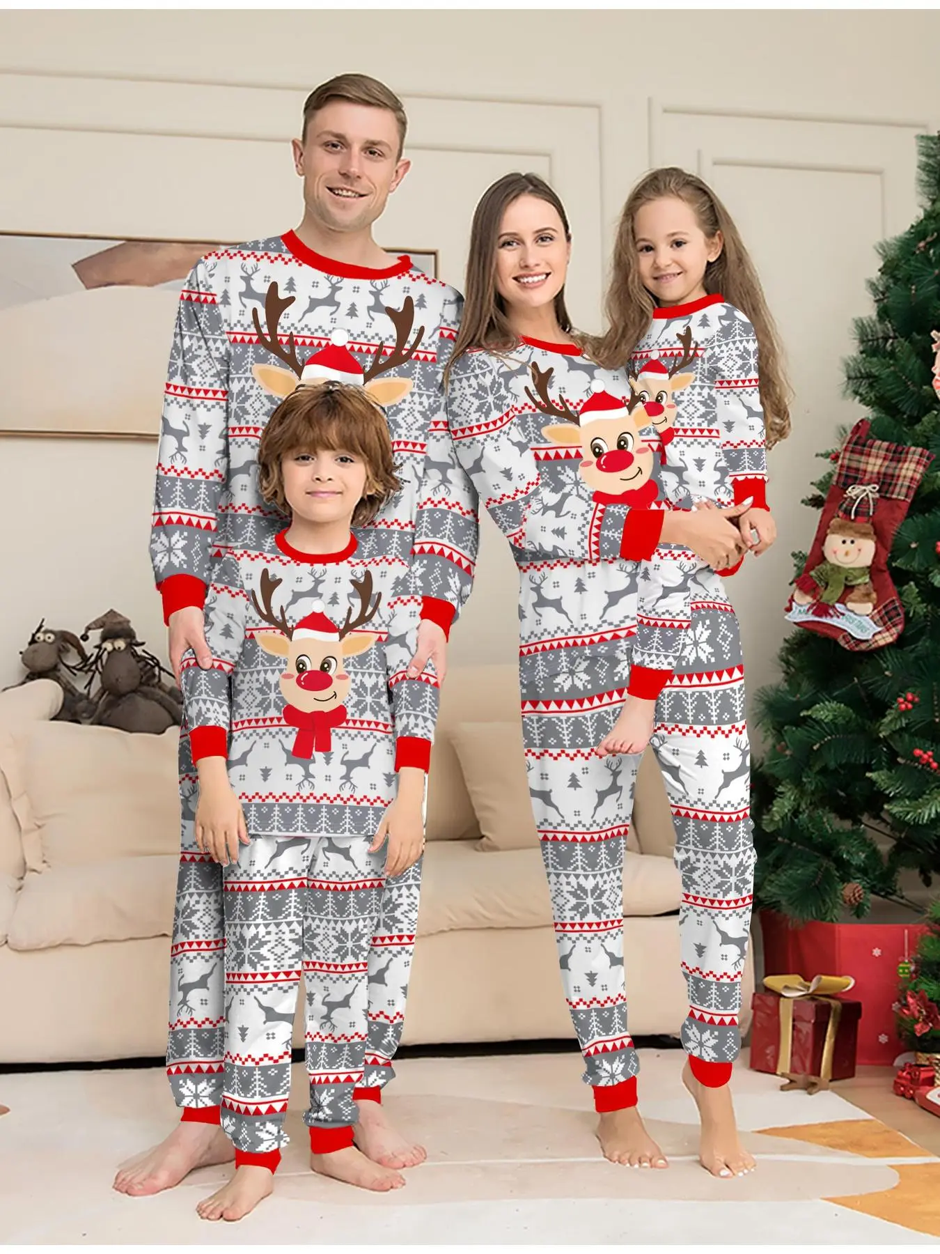 Family Matching 2-Piece Christmas Pajamas Set,Gray-White Base With Red Cuffs,Cartoon Rudolph Reindeer,X-mas Reindeer & Snowflake Fair-Isle Knit Print,Soft Loungewear For X-mas Family Reels,Holiday Sleepover,Christmas Morning Wear