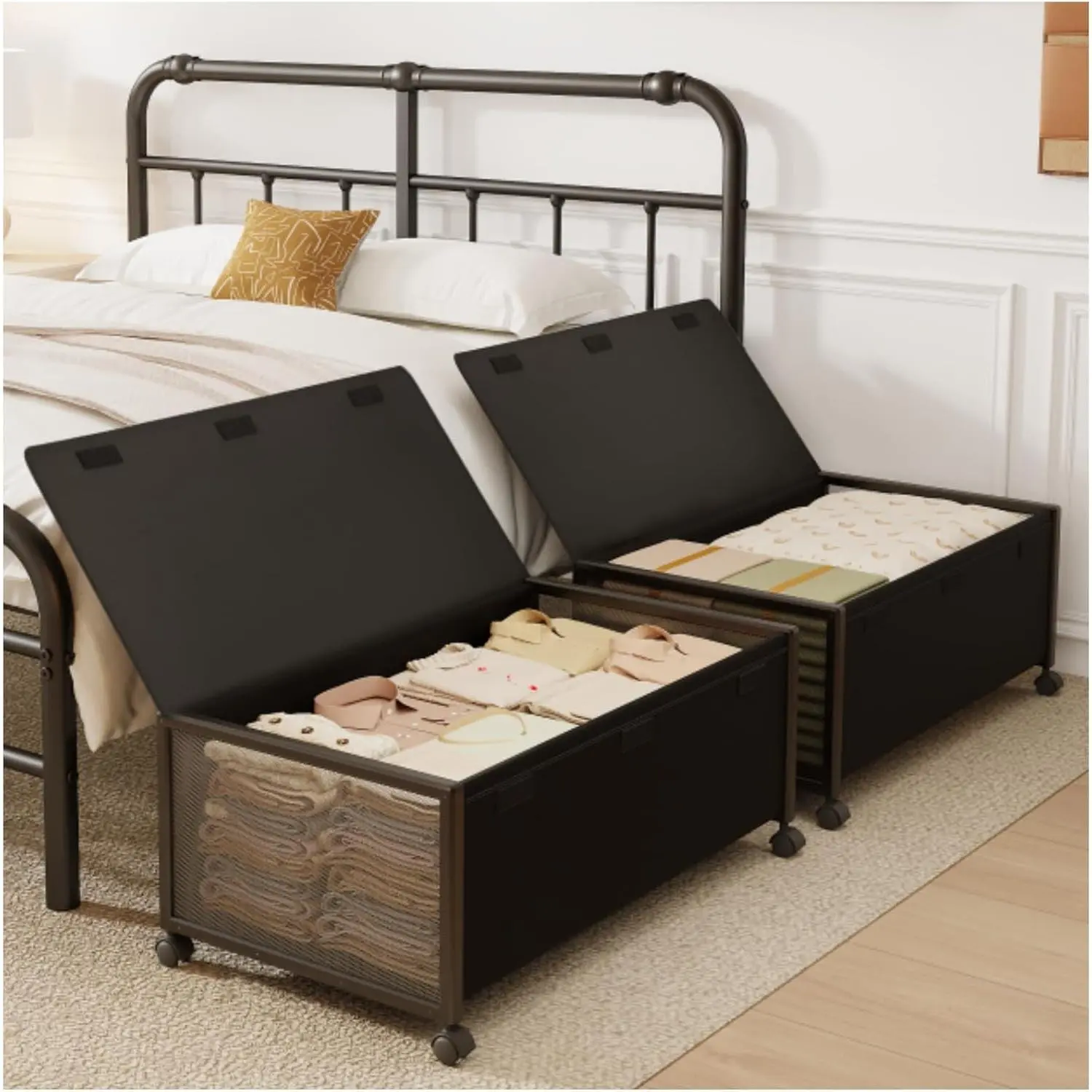 2 Pack Rolling Under Bed Storage Drawers with Lid & Wheels, 12"x 31" Underbed Storage Containers, Clothes & Shoe Organizer for Dorm Bedroom