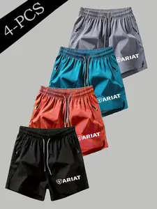 Men's Zipper Drawstring Quick-Dry Shorts, American Style Jeans Outdoor Leisure Four-Piece Set, Sporty Fitted Print Design