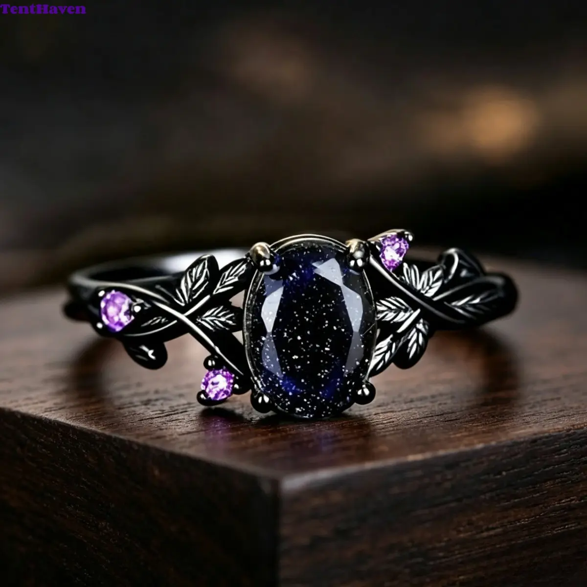 Gothic Vine Leaf Ring for Women, Metal-Plated Copper Base Jewelry with Oval Blue Sandstone and Purple Crystal Accent, Tarnish Resistant for Daily Wear, Anniversary Gift