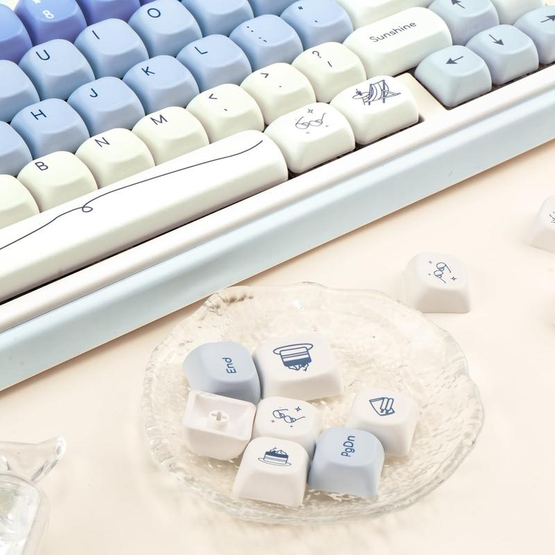Blue White PBT Keycaps, MOA Profile, Custom Keyboard Keycap, Minimalist Style Dye Sub Keycaps, 130 Keys Anime Keycap Set for Cherry Gateron MX Switches Gaming Keyboard