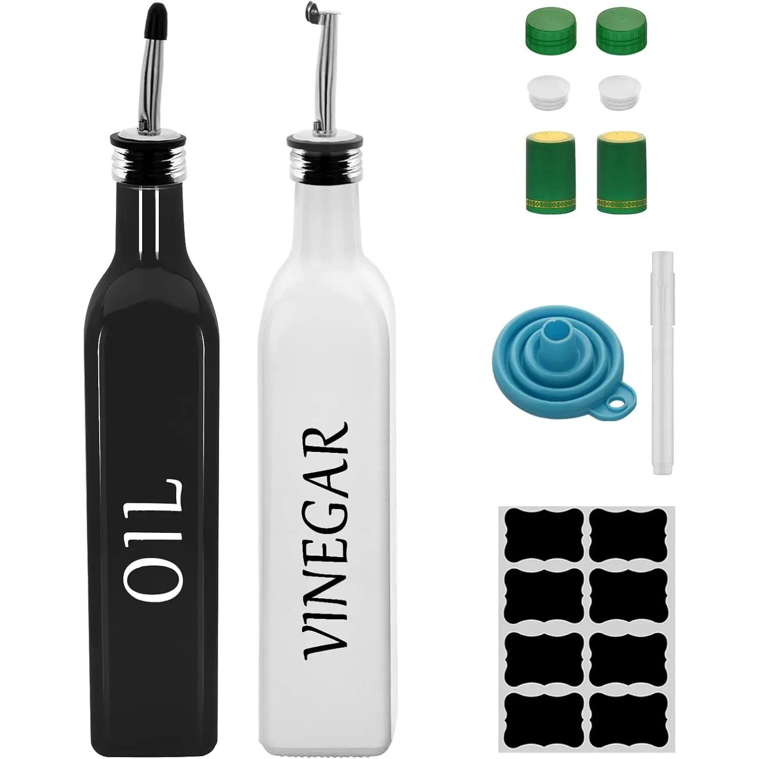 Olive Oil Dispenser Bottle,2 Pcs 17oz 500ml Glass O il and Vinegar Dispenser Set with 2 Stainless Steel Pourers, 8 Labels,Funnel Vinegar Bottles for Kitchen (Black Oil & White Vinegar)
