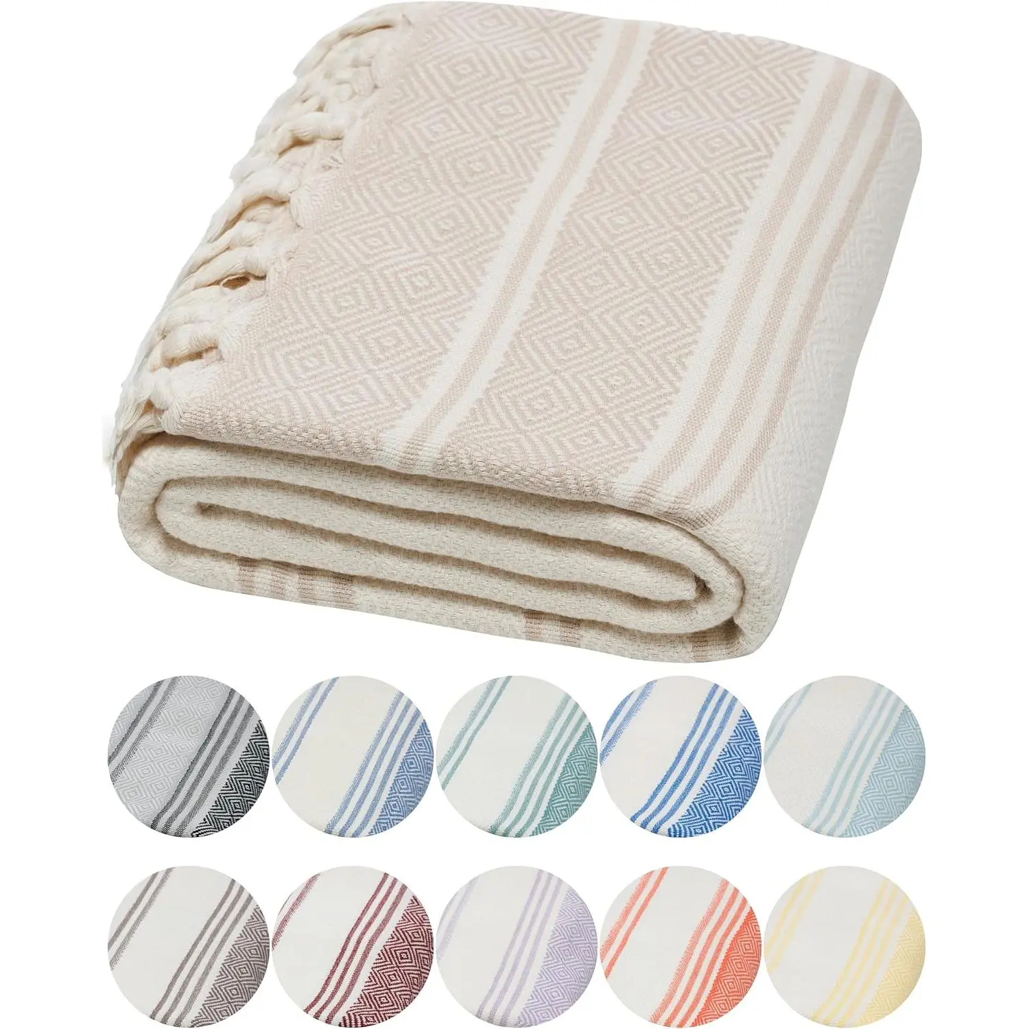 Organic Turkish Cotton Peshtemal Towel - Soft, Fast-Drying, Extra Large Unisex Luxury Bath Sheet, Prewashed Weave, 71x36in, White-Beige, Wash-Safe for Bath, Swimming