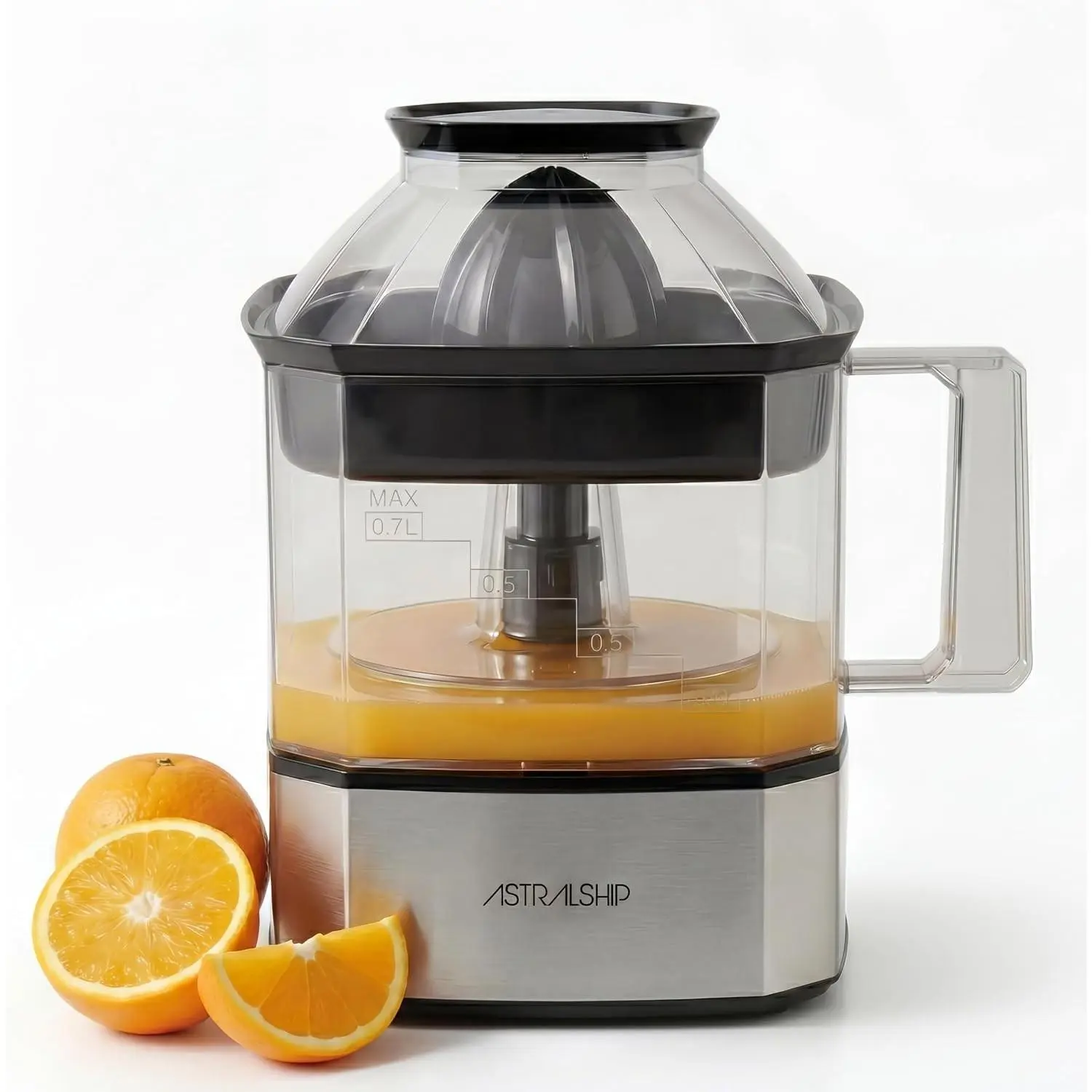 Electric Citrus Juicer Machine Orange & Lemon Squeezer with Stainless Steel Base, 24oz Pitcher, Pressure-Activated, 2 Cones & Pulp Filter for Orange, Lemon, Grapefruit Juice
