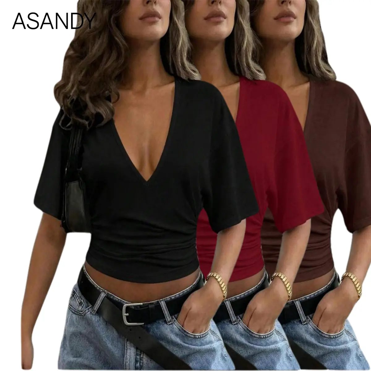 ASANDY Women's 3-Pack Solid Colors Spandex Stretchy Deep V Neck Short Sleeve Slimming Ruched Slim Fit Casual Trendy Basic Blouses & Shirts, Polyester, Everyday, Shortsleeve