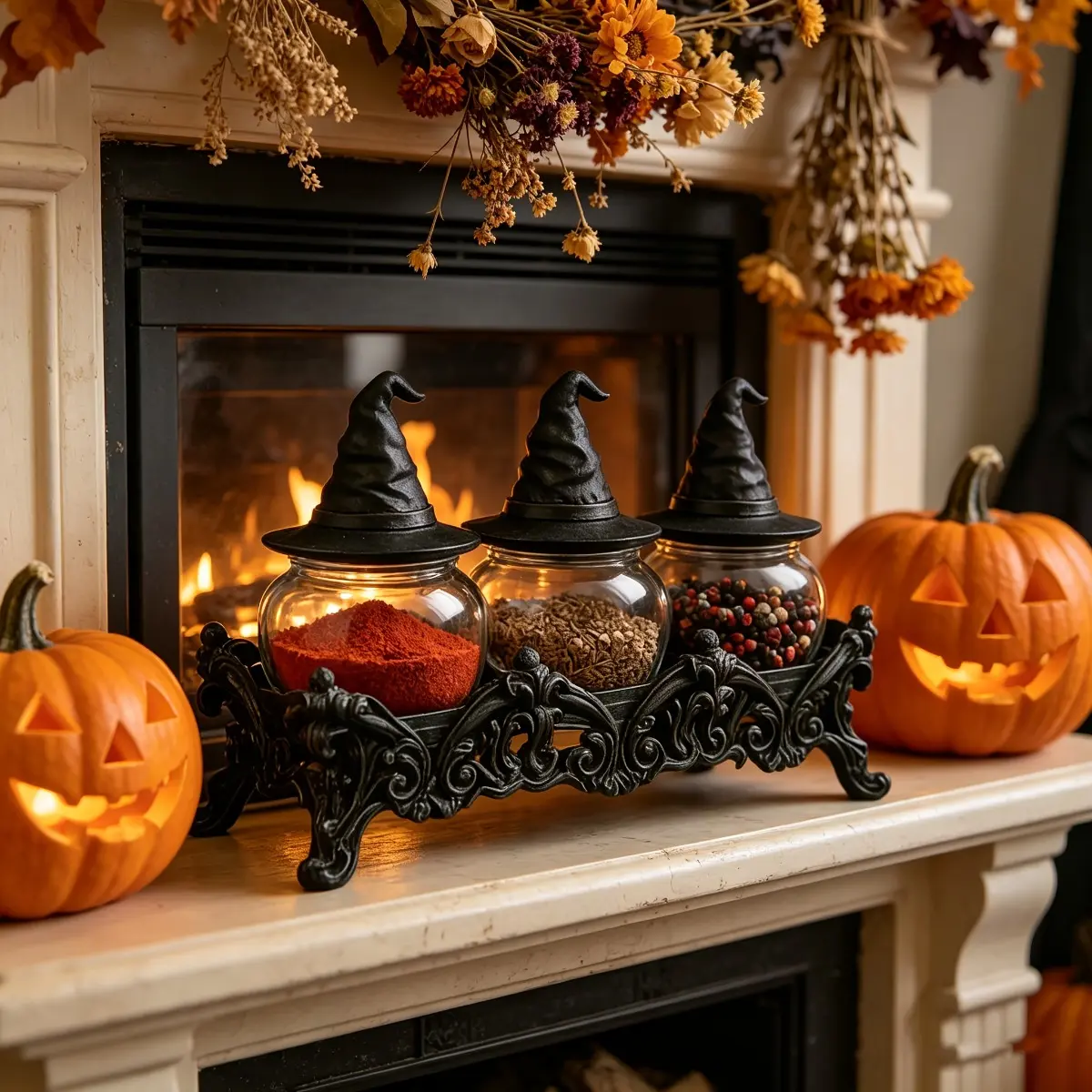 3 Pack Halloween Gothic Witch Hat Spice Jars with Handmade Vintage Glass Lids and Decorative Gothic Base, Spice Storage Containers for Salt, Pepper and Seasonings, Gothic Kitchen Decor, Halloween Home Display, Party Decoration,