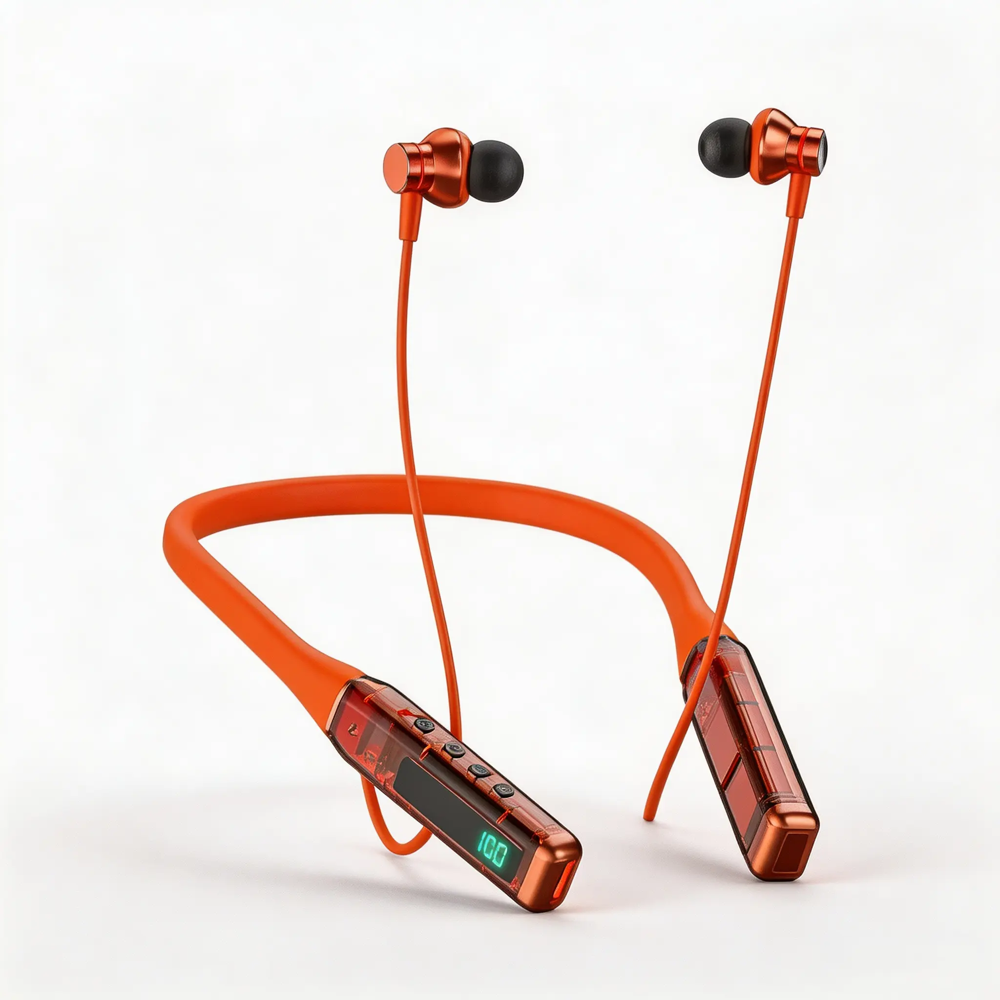 Orange Bluetooth Neckband Headset with Digital LED Screen Magnetic Detachable Earbuds Secure Comfort Fit for Running Gaming and Daily Commute
