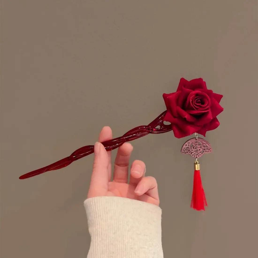 1PC Hair Stick For Women Chinese Vintage Style Red Rose With Tassel&Fan Detail Fashion Hair Accessory For Traditional&Daily Wear