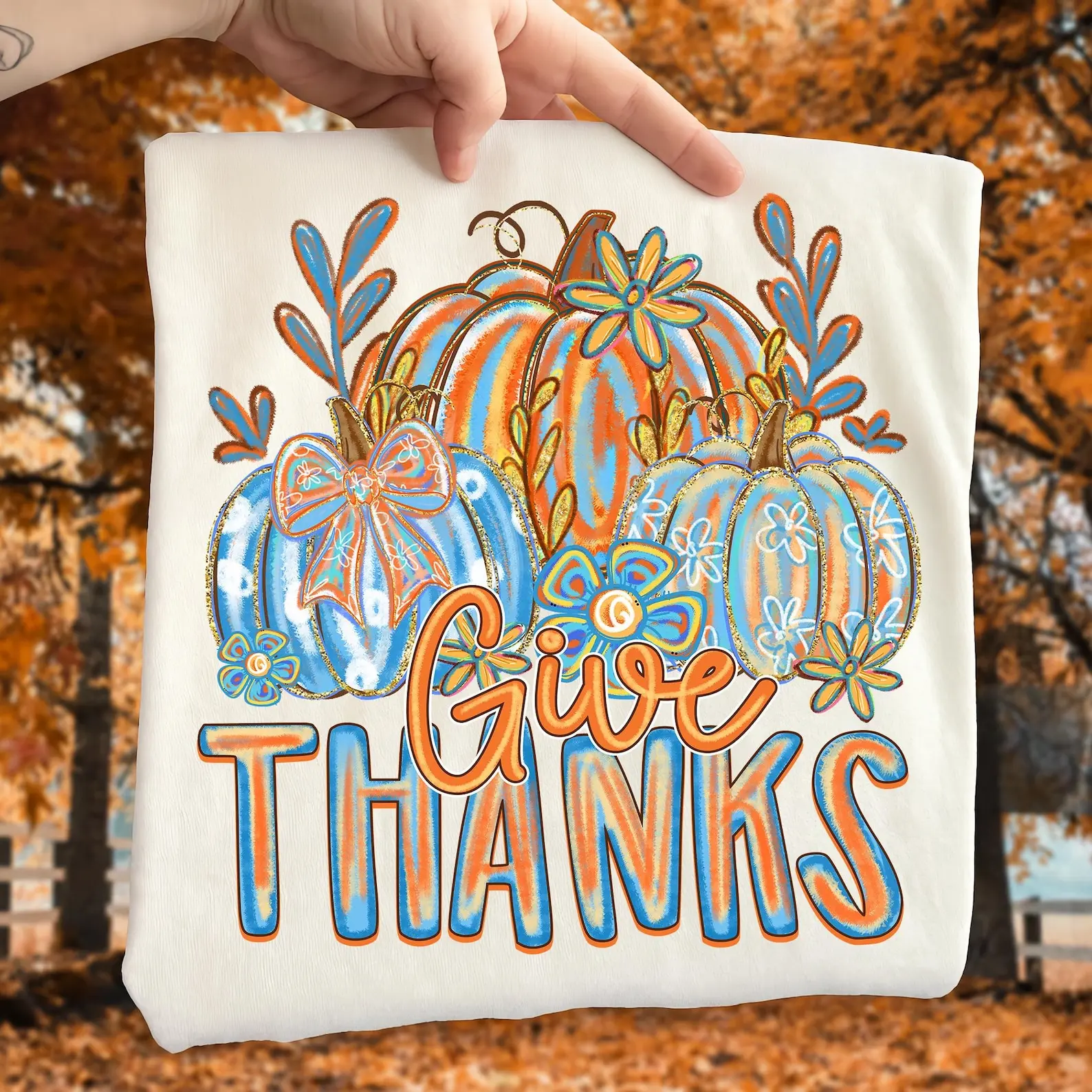 Women's "Give Thanks" Crewneck Sweatshirt - Long Length Tops, Polyester Blend, Round Neck, Slim-Fitting, Autumn Floral, Pumpkin, Bow Designs, Thanksgiving-Themed, Cold Wash Care, Lady, Thanksgiving Bow
