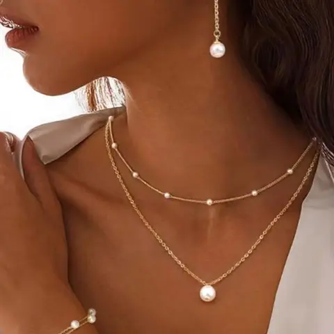 Gold Jewelry Set for Women Bridal Jewelry Set for Wedding Bride Jewelry Set for Wedding Day 14K Gold Plated Layered Pearl Choker Necklace and Drop Earrings Set Adjustable Bracelets Pearl/Cross/CZ Choker Necklace Dainty Wedding Jewelry Sets for Brides
