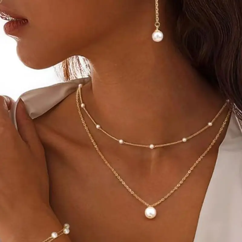 Gold Jewelry Set for Women Bridal Jewelry Set for Wedding Bride Jewelry Set for Wedding Day 14K Gold Plated Layered Pearl Choker Necklace and Drop Earrings Set Adjustable Bracelets Pearl/Cross/CZ Choker Necklace Dainty Wedding Jewelry Sets for Brides