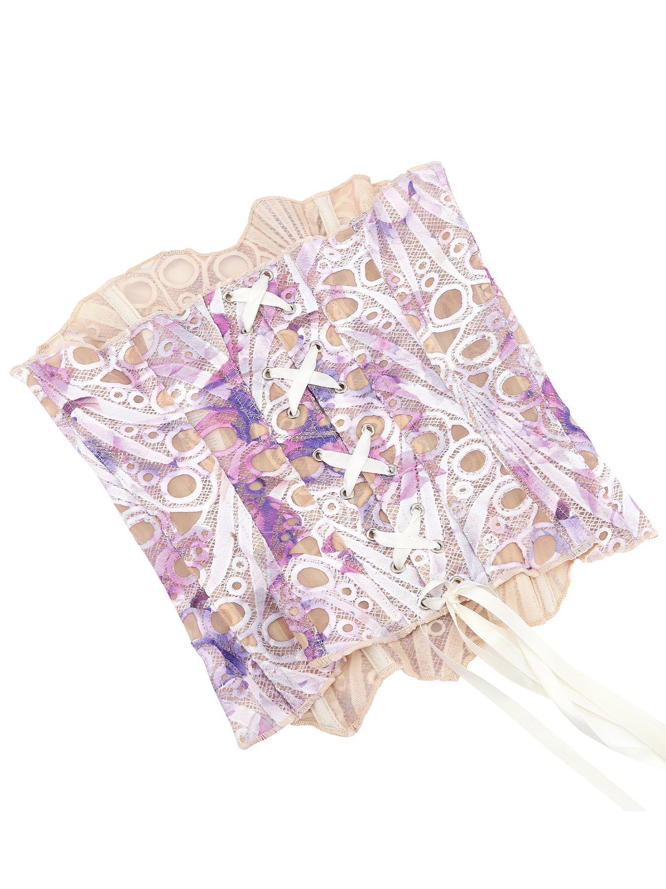 Women's Random Pattern Lace Up Shapewear Tube Top, Elegant Contrast Lace Corset Top, Tummy Control Shapewear Underwear for Women