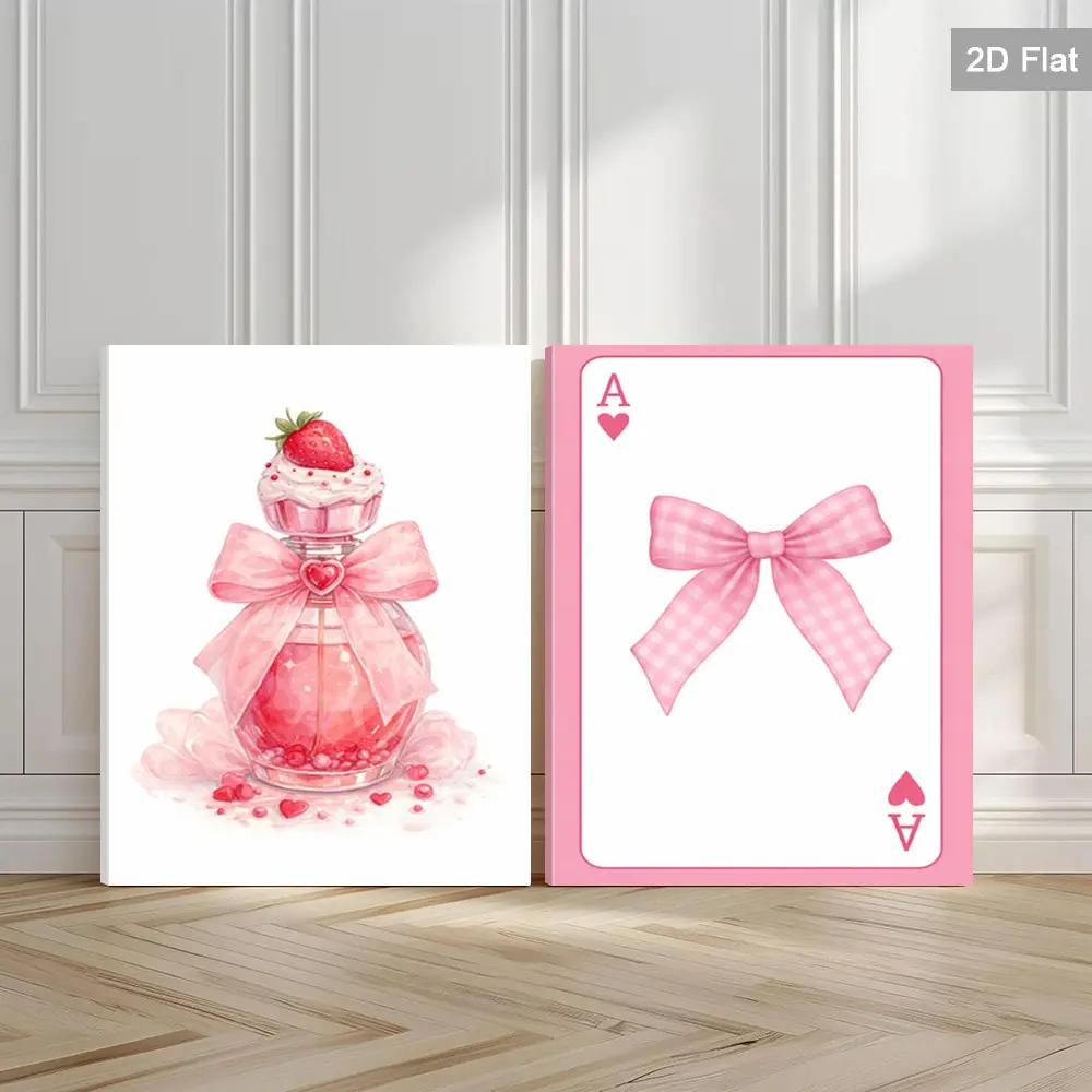 2 Piece Bow Frame Art Poster, Sweet Dessert Canvas Wall Art, Heart Pattern Print, Valentine's Day Theme, Home Decor for Living Room, Bedroom, Office, Bathroom