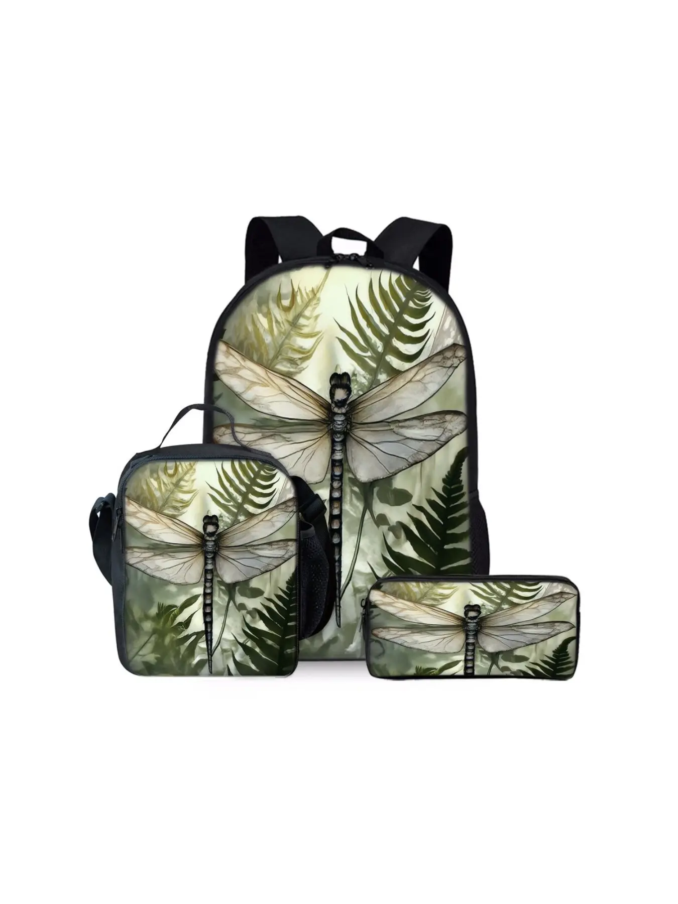 Dragonfly 2D Printed 3-Piece Backpack Set, a lightweight large-capacity bag set suitable for outdoor trips and daily school use. The set includes a backpack, a lunch bag and a pencil case, making it an ideal holiday gift for kids and friends.