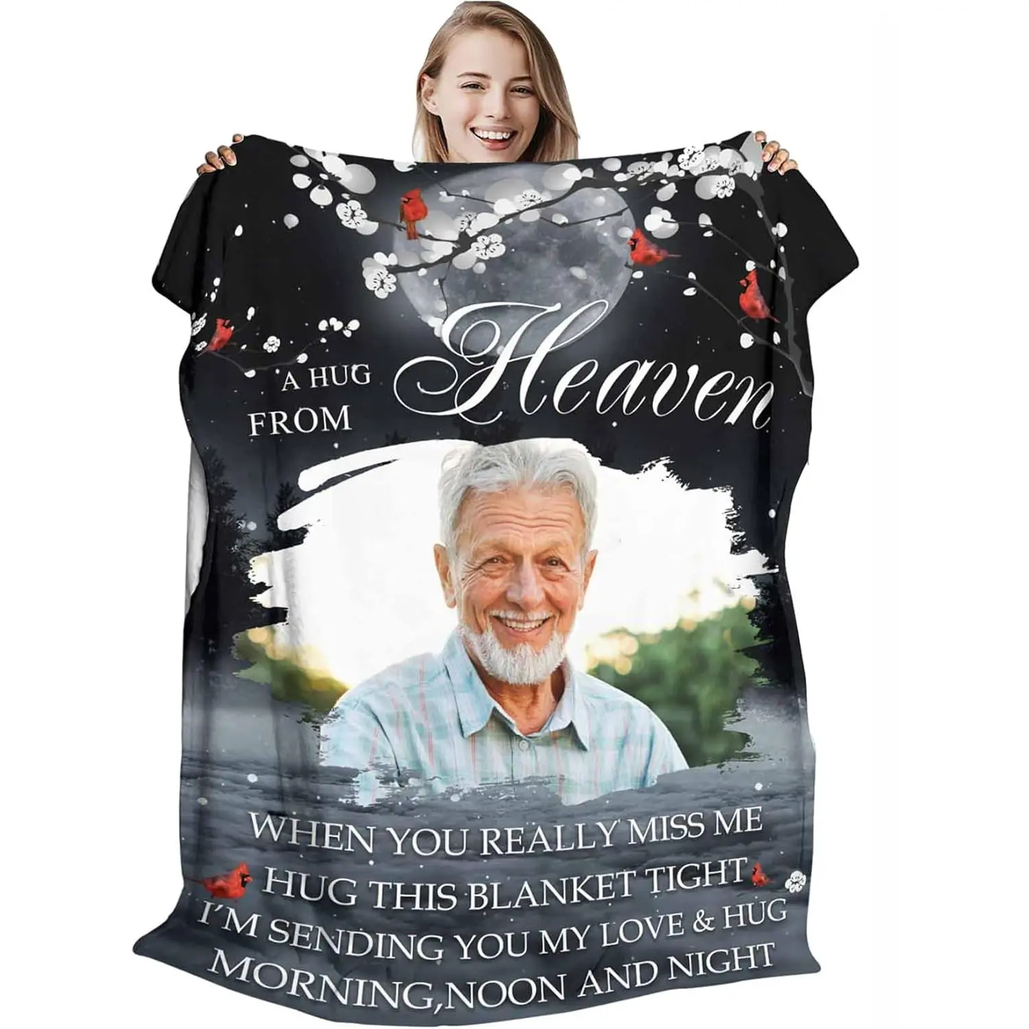 Custom A Hug From Heaven Photo Flannel Blanket, Cardinal Memorial Loved One Personalized Soft Throw, Cozy Warm Sympathy Remembrance Gift for Family, Bereavement Home Decor for Couch Sofa Bed, AC Room Summer Blanket, Loss Keepsake Gift