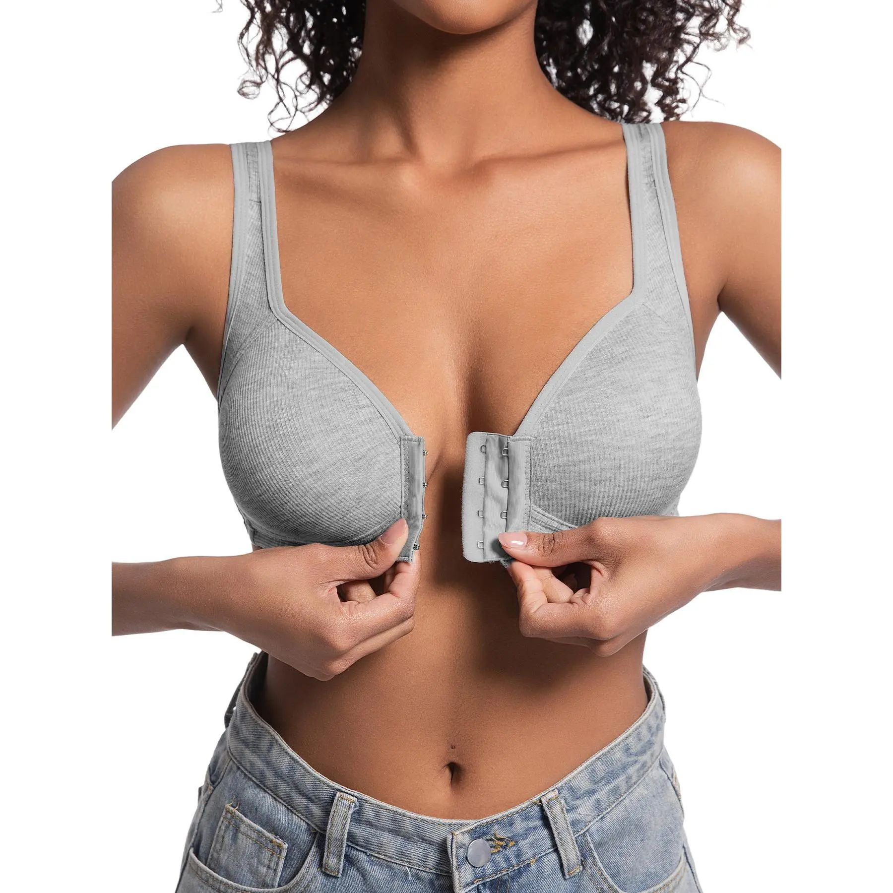 EssElegance Upgraded Front Closure Bra Luxury Ribbed Wireless Bralette Adjustable Wide Straps Full Coverage Support Easy-On Design Everyday Comfort Seamless Lingerie