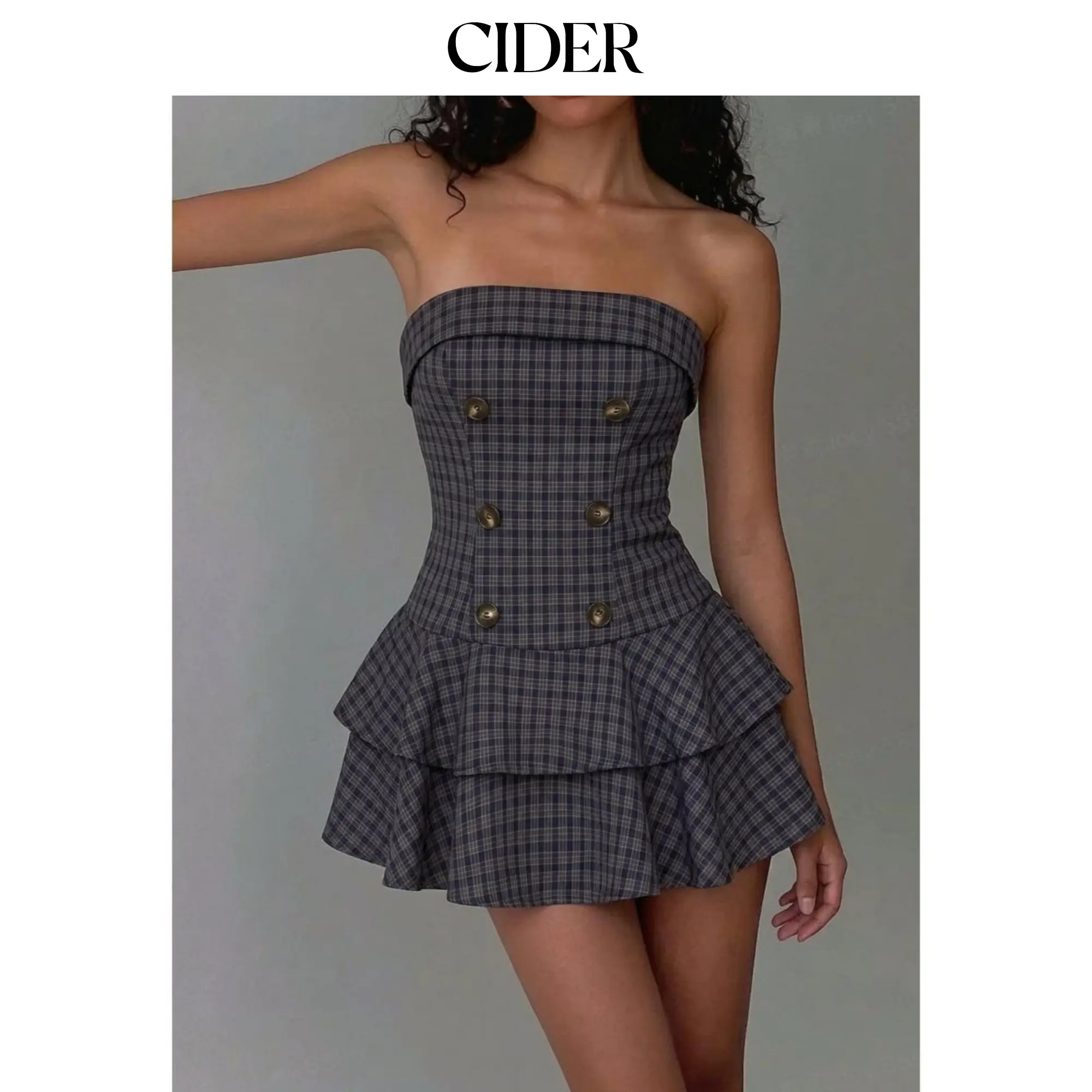 Cider Plaid Double-Breasted Strapless Tiered Mini Dress SohoChic