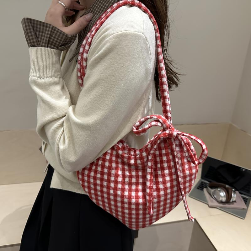 Women's Heart-Shaped Crossbody Bag with Bow and Checkered Pattern - Minimalist Handbag, Fixed Strap Magnetic Closure, Red - Elegant Daily Wallet, Bag, Versatile Fashion Accessory, Durable Fabric shoulder bags Large Soft Color Suede Kisslock Barrel