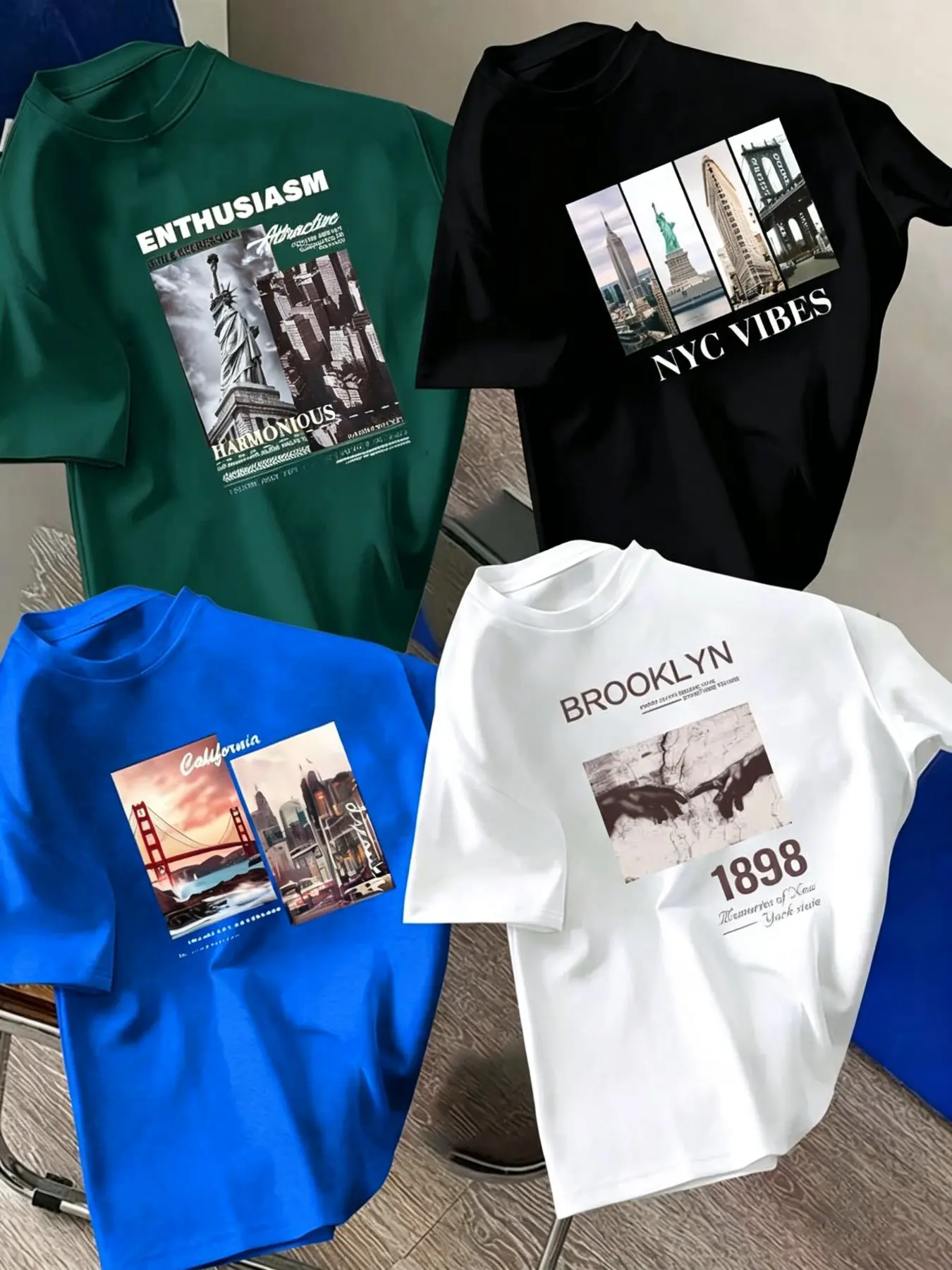 American City Landmark Print Short Sleeve T-Shirt Set, Loose Fit Oversize Casual Summer Top, Vintage Streetwear Round Neck Tee