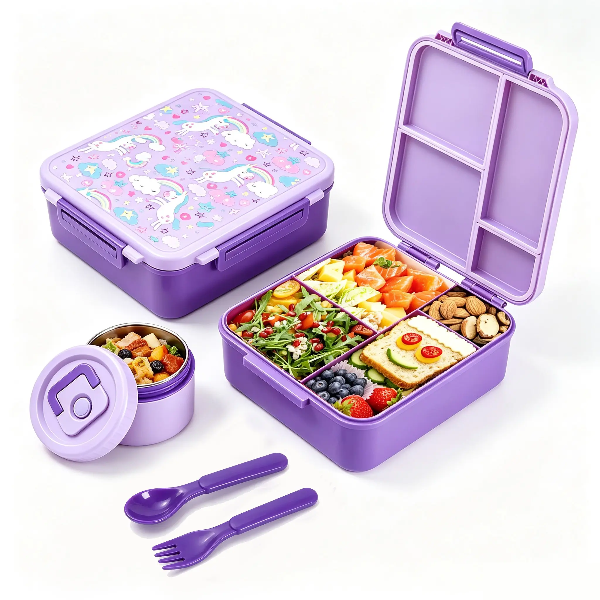 💜💚🩷💙 Multi-colored children's lunch box set, featuring a 12-ounce soup cup, leak-proof sealed four-compartment lunch container, fork and spoon, children's lunch box (BPA-free), tableware suitable for both girls and boys, and a microwave and dishwasher